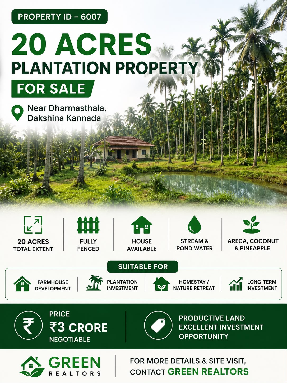 🆔 *PROPERTY ID – 6007* 🌴🥥 *20 Acres Plantation Property for Sale – Near Dharmasthala, Dakshina Kannada*